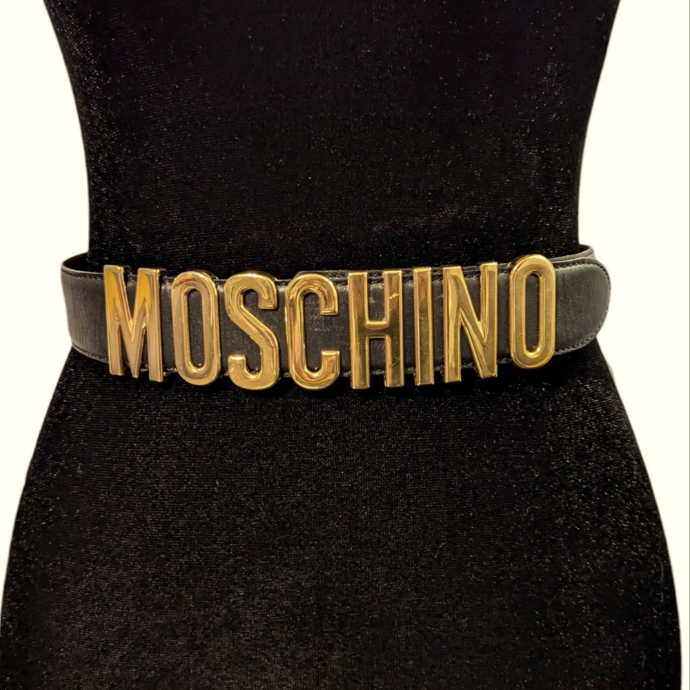 Moschino Leather Logo Belt Statement Black and Gold Authentic